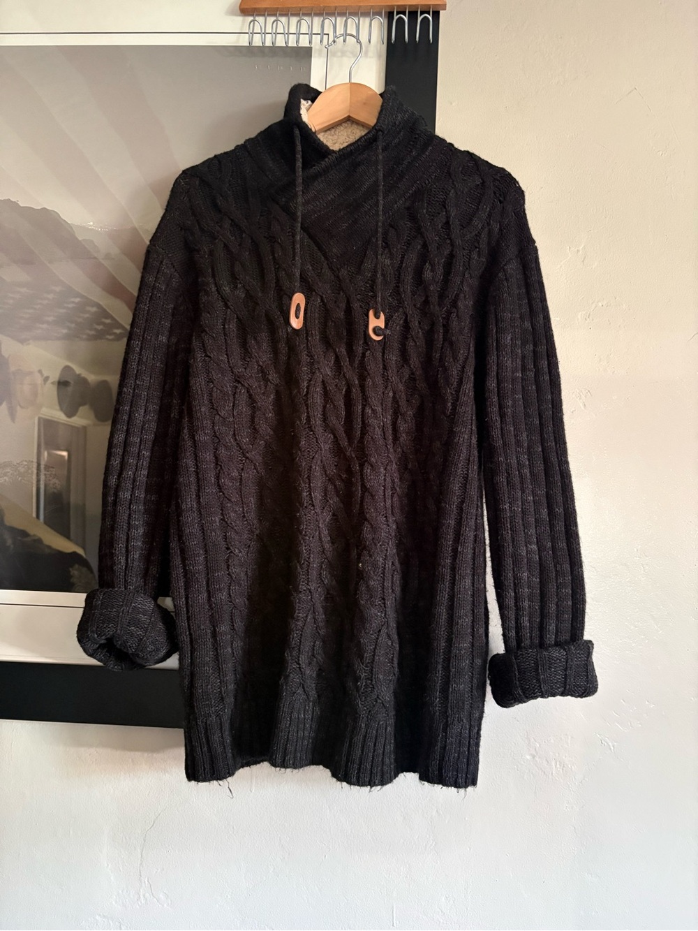 Men's Scandinavian style Black Cable Knit Funnel Neck Sweater